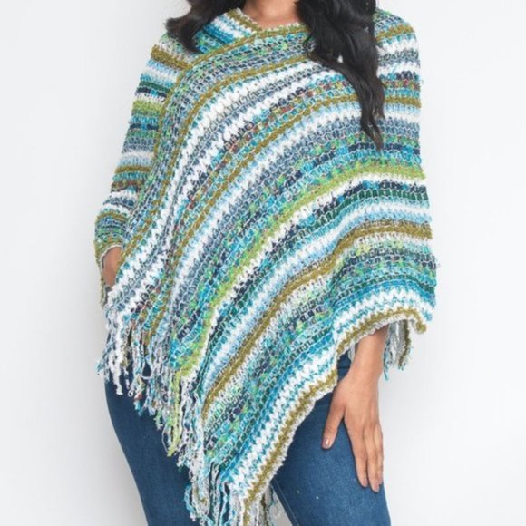 BLUE MULTI COLOR PONCHO SWEATER - Picture 1 of 4